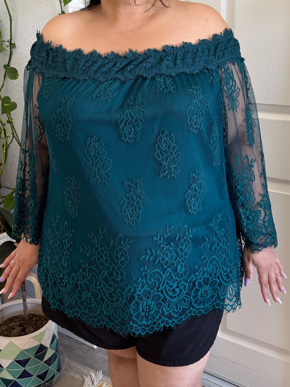 💕City Chic Off-Shoulder Lace Blouse in Teal Romantic💕